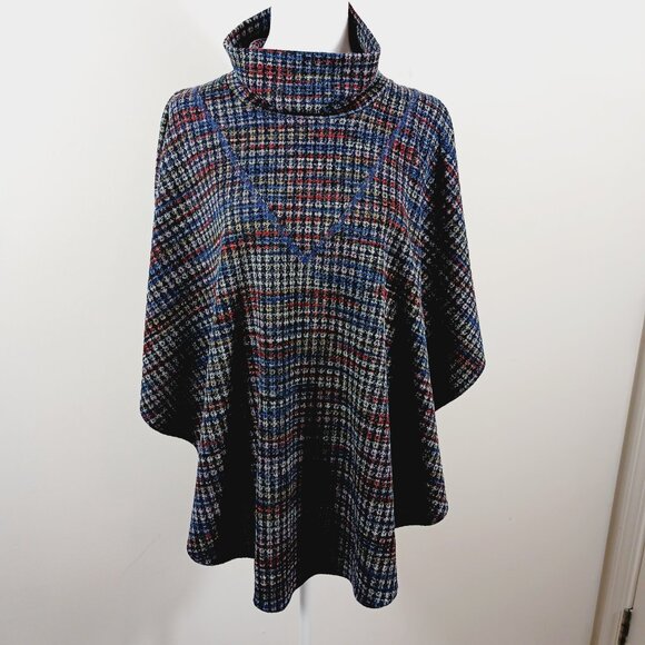 PURE essence Poncho, Denim Blue/Red/Gray, Cowl Neck, Size XL/TG, Layering Piece - Picture 3 of 10